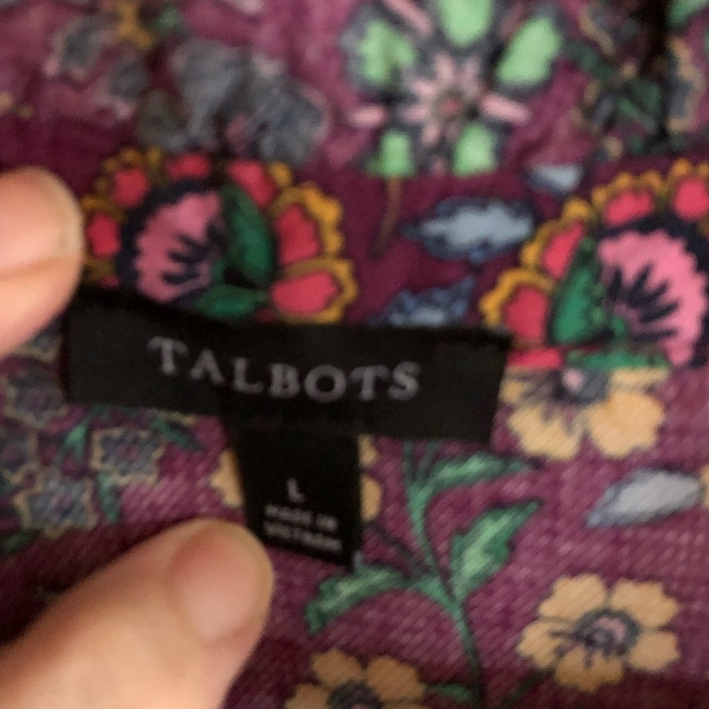 Talbots Sz L Colorful Feminine Blouse Top Button Down Floral Ruffled Office L/S - Picture 4 of 8